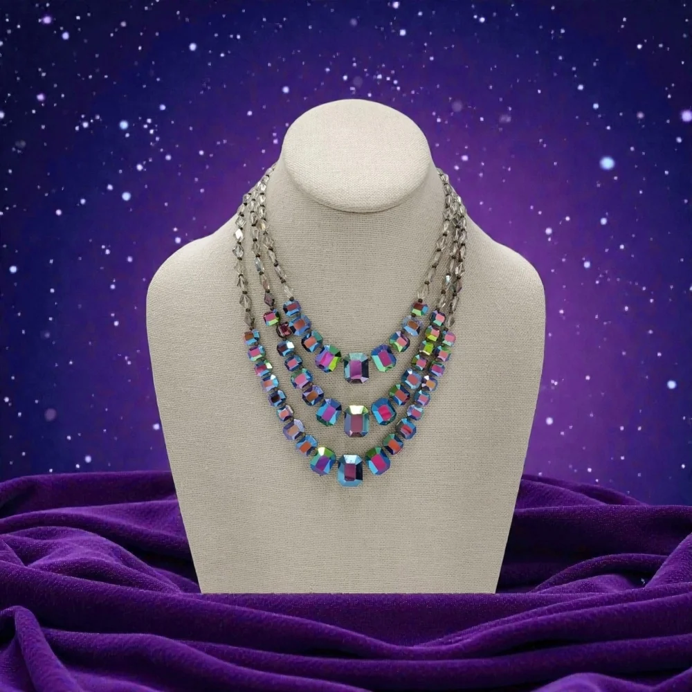 Peacock AB Aurora Borealis Glass Crystal Bead Necklace And Art Class Jewelry Lot